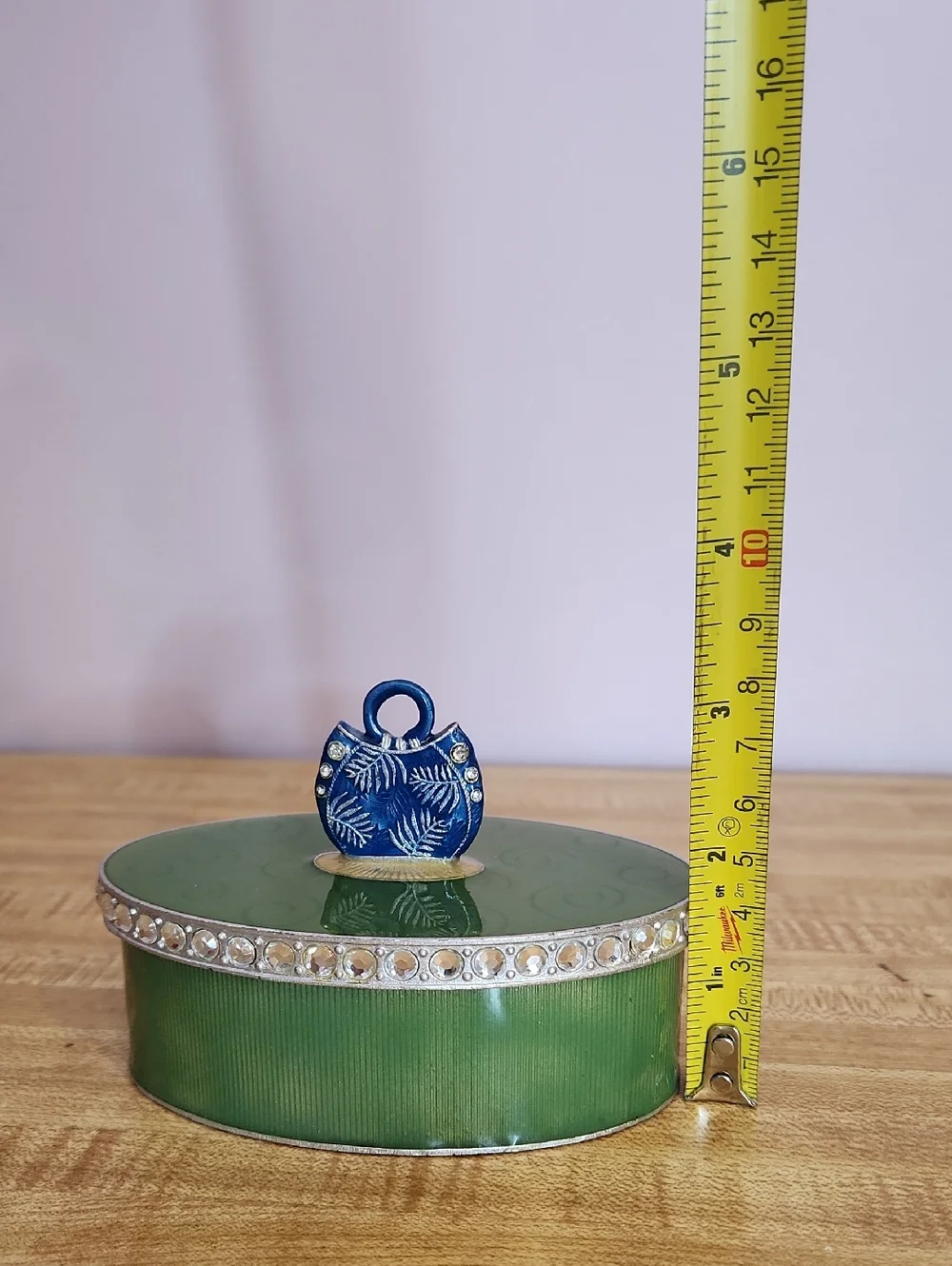 Green Enameled Metal Trinket Box decorated with rhinestones